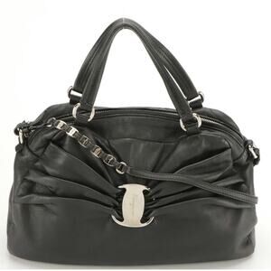 Salvatore Ferragamo Black Lambskin 2-Way Bag Gancini Logo Satchel